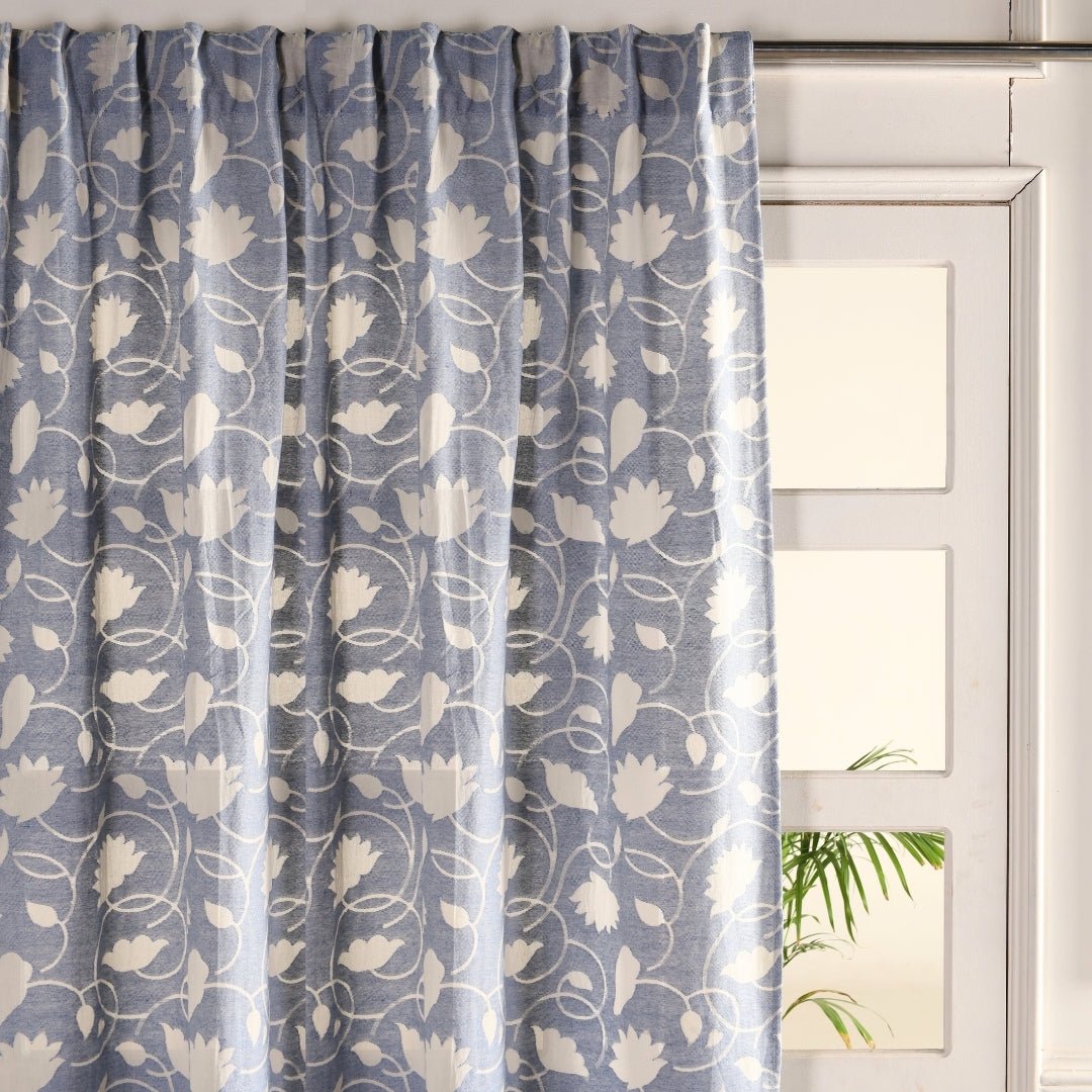 Handwoven Cotton Semi Sheer Curtain in Light Blue and Off White