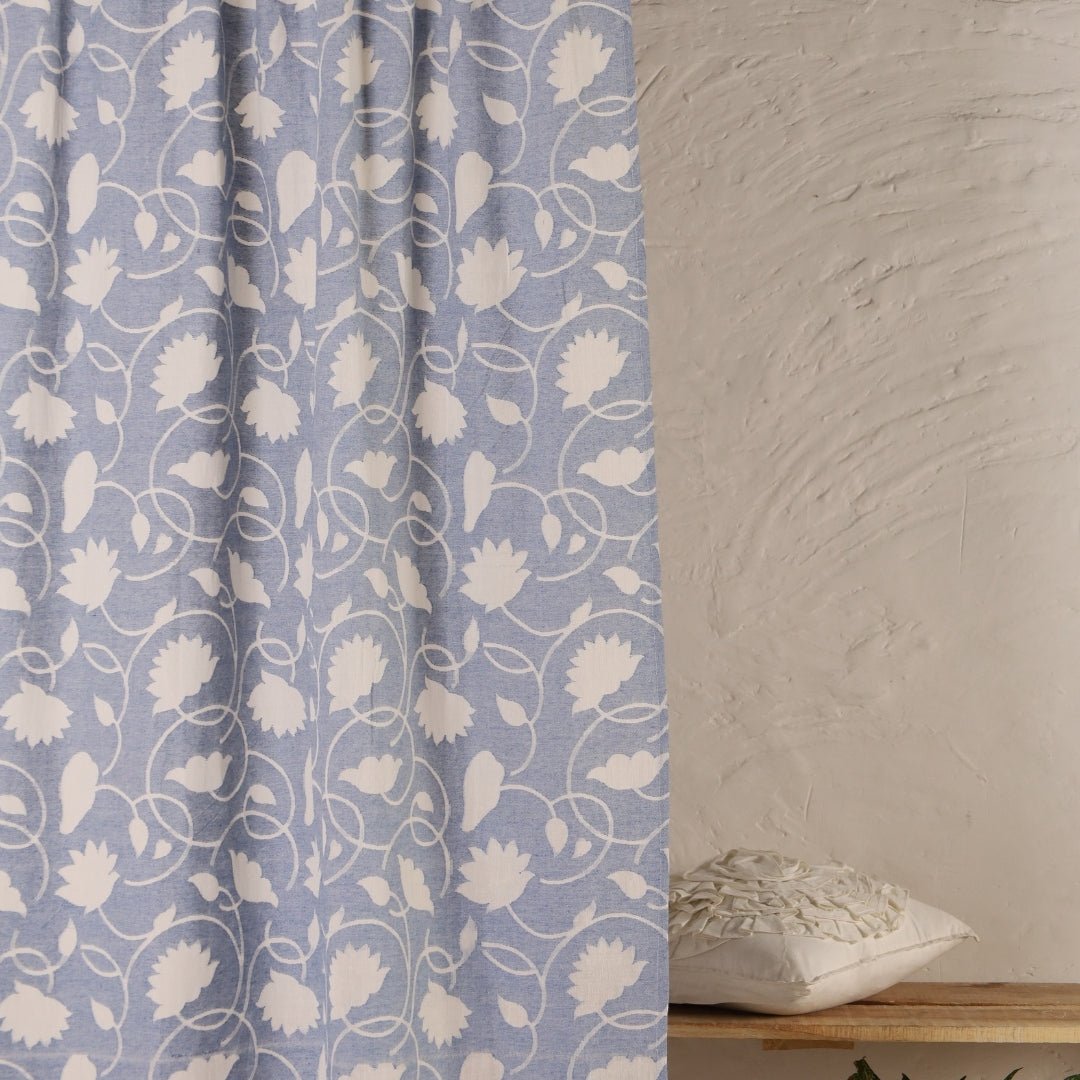 Handwoven Cotton Semi Sheer Curtain in Light Blue and Off White