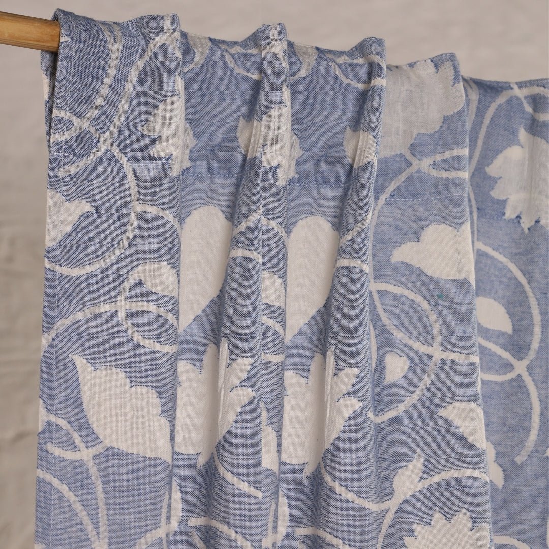Handwoven Cotton Semi Sheer Curtain in Light Blue and Off White