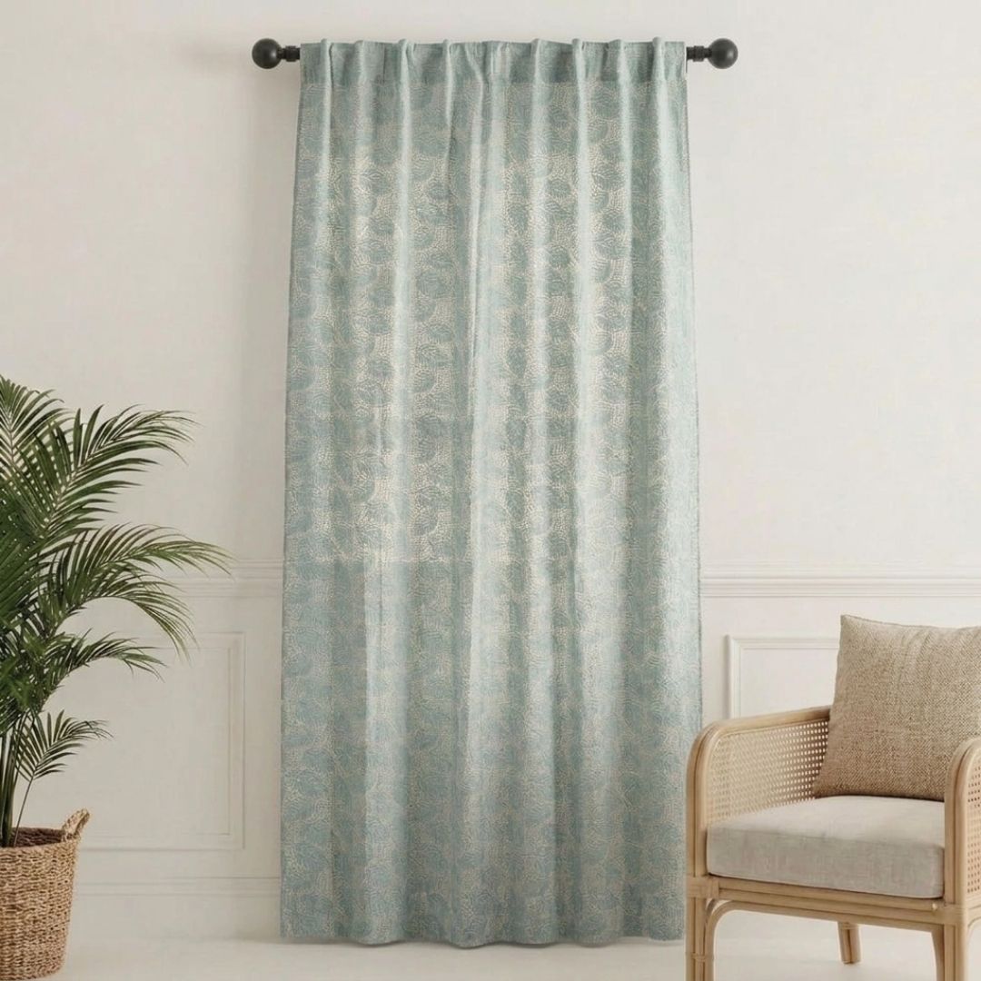 Handwoven Cotton Semi Sheer Curtain | 7 Feet | Cutwork Summer Leaves Pattern | 7 Feet | Off White and Sky Blue