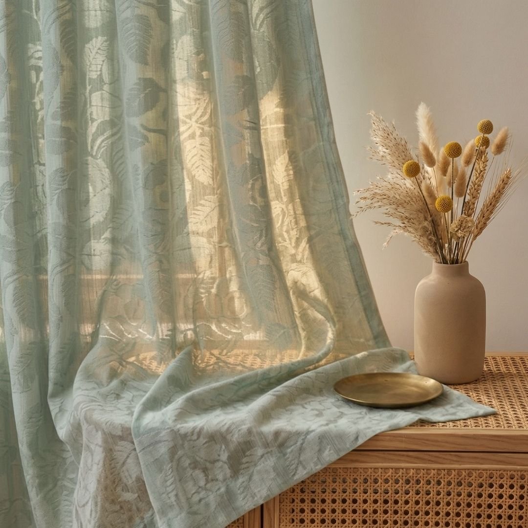 Handwoven Cotton Semi Sheer Curtain | 7 Feet | Cutwork Summer Leaves Pattern | 7 Feet | Off White and Sky Blue