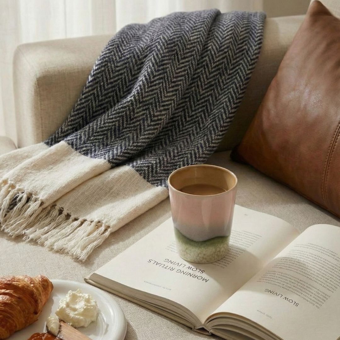 Handcrafted Cotton Throw for Sofa & Bed in Blue and Off White | Soft & Lightweight Home Decor