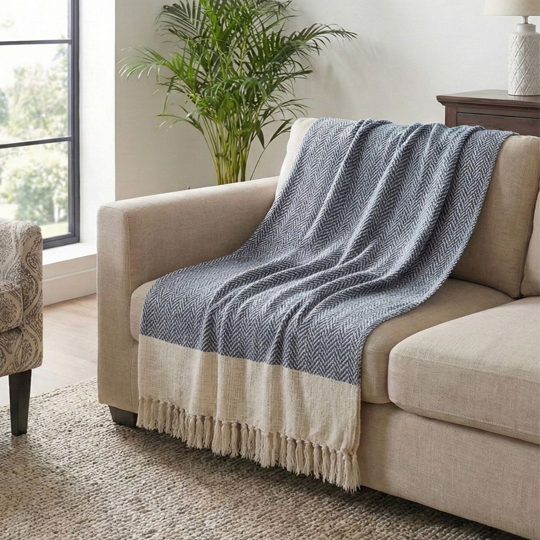 Handcrafted Cotton Throw for Sofa & Bed in Blue and Off White | Soft & Lightweight Home Decor