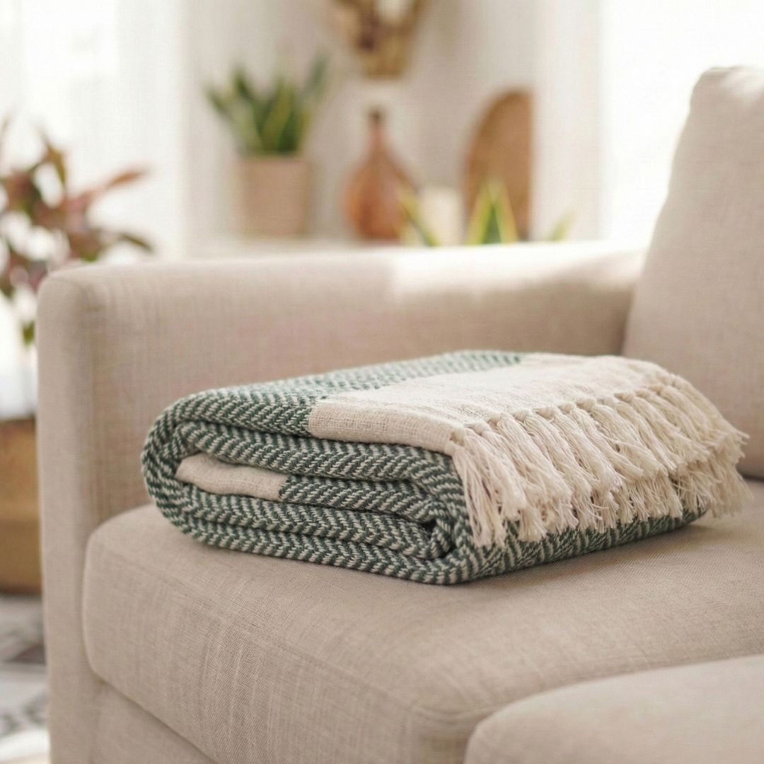 Handcrafted Cotton Throw for Sofa & Bed in Green and Off White | Soft & Lightweight Home Decor