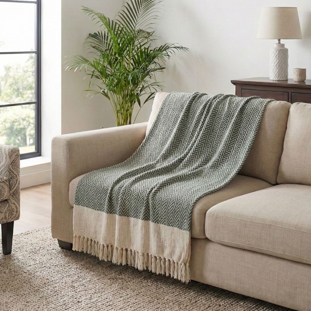 Handcrafted Cotton Throw for Sofa & Bed in Green and Off White | Soft & Lightweight Home Decor
