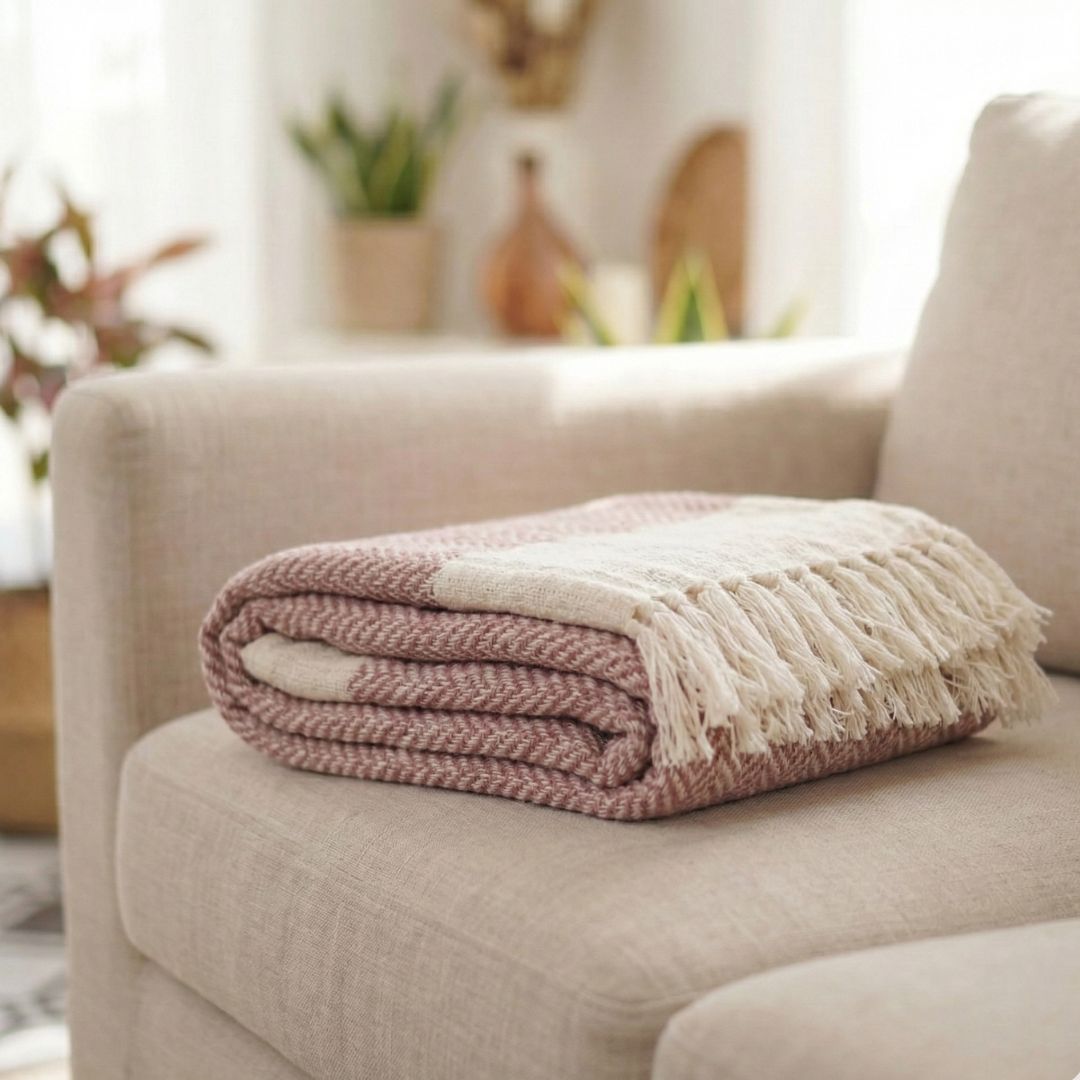 Handcrafted Cotton Throw for Sofa & Bed in Pink and Off White | Soft & Lightweight Home Decor