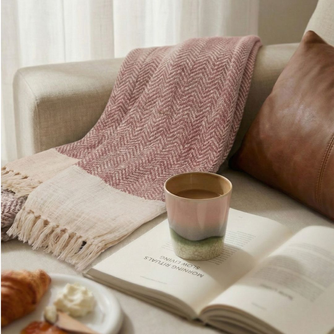 Handcrafted Cotton Throw for Sofa & Bed in Pink and Off White | Soft & Lightweight Home Decor