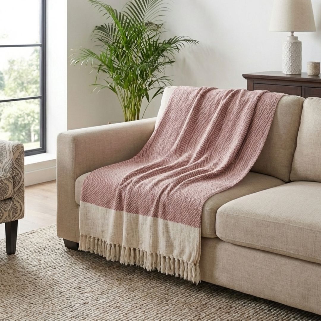 Handwoven Throw for Sofa or Bed in Pink and Off white with a Chevron design | 50x60 inches | Pure Cotton