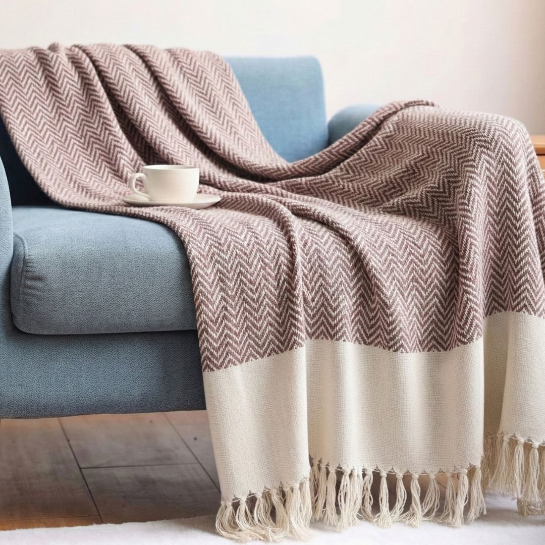 Handwoven Throw for Sofa or Bed in Pink and Off white with a Chevron design | 50x60 inches | Pure Cotton