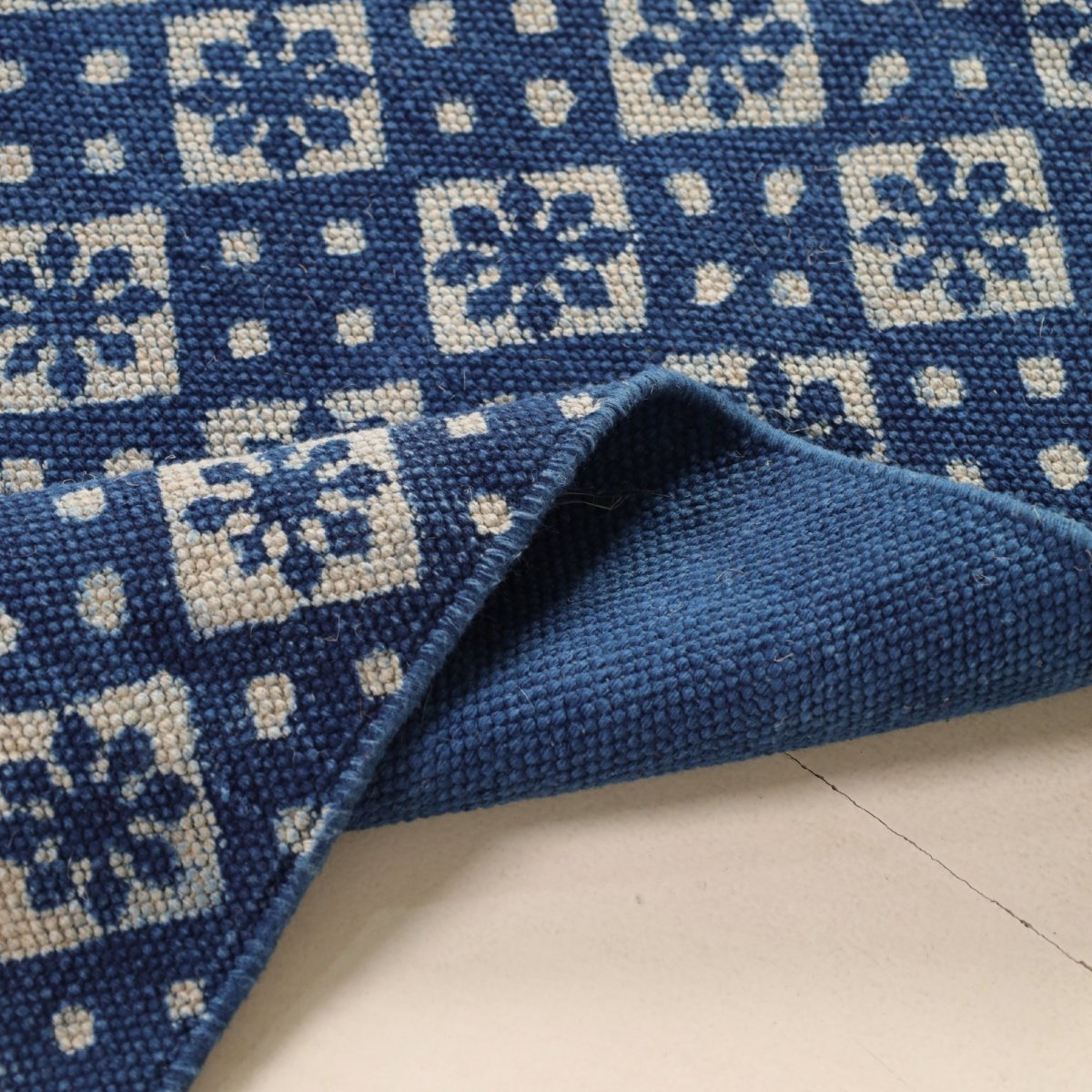 Indigo Cotton Block Printed Rug In 3 x 5 ft Geometric Print Handcrafted In India