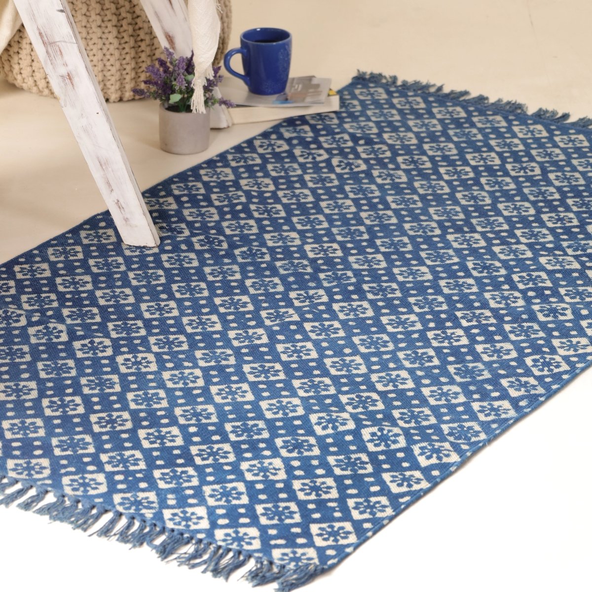 Indigo Cotton Block Printed Rug In 3 x 5 ft Geometric Print Handcrafted In India