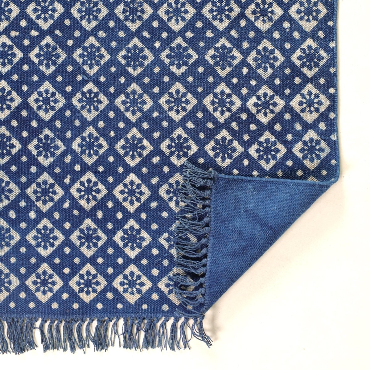 Indigo Cotton Block Printed Rug In 3 x 5 ft Geometric Print Handcrafted In India