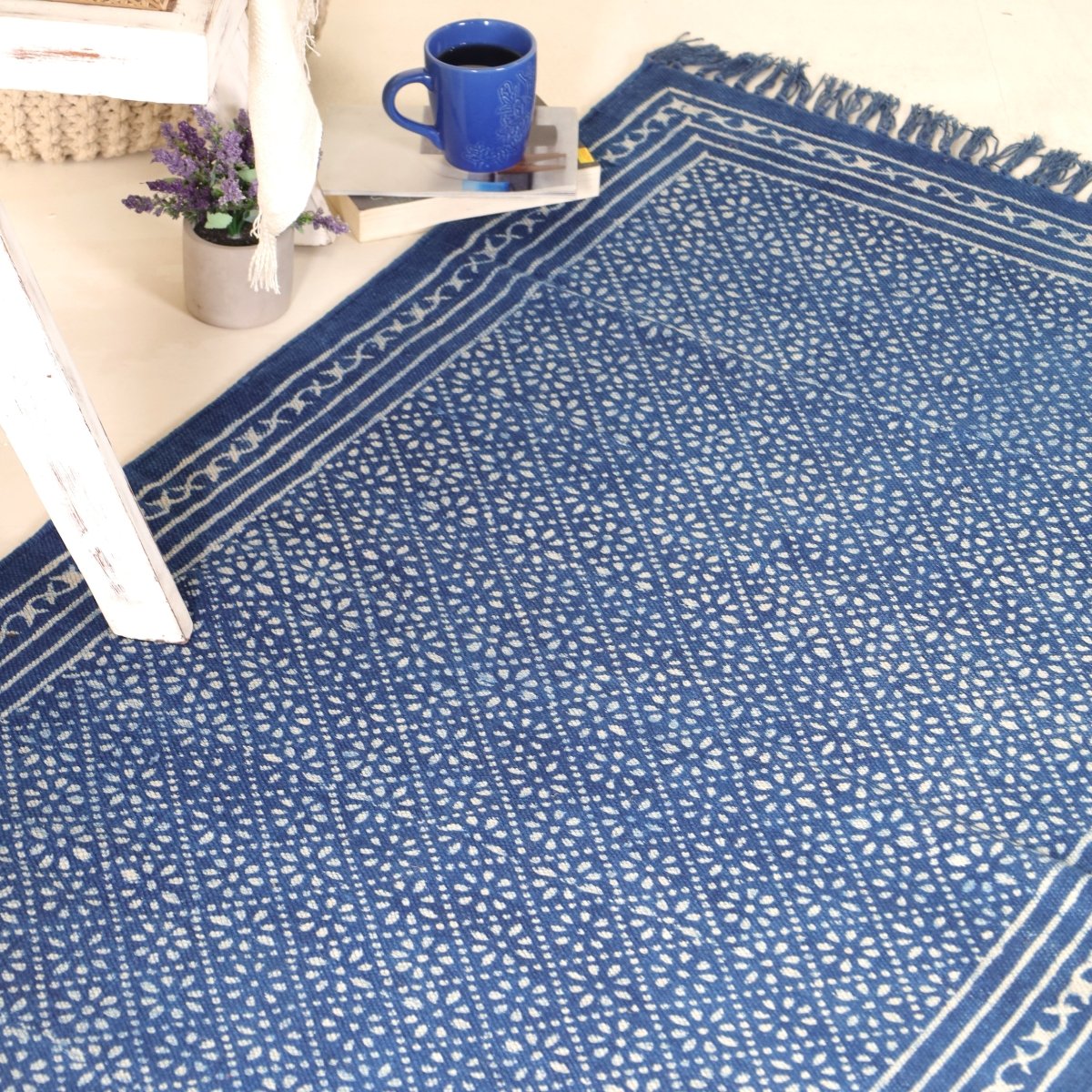Cotton Floor Rug for Living Room and Bedroom hand block printed with Lattice Print in Indigo Colour| Soft Washable Area Rug| 3x5 Feet
