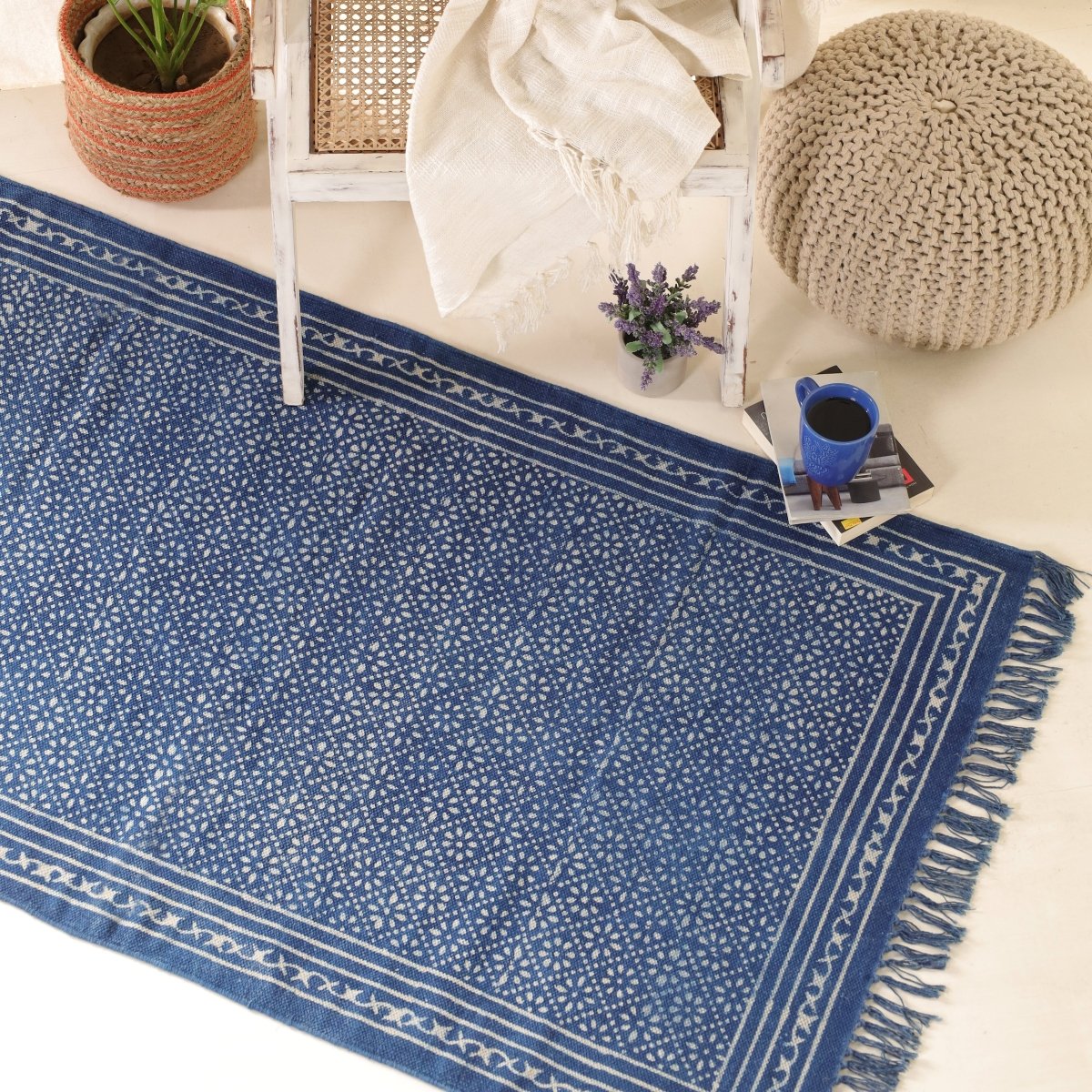 Cotton Floor Rug for Living Room and Bedroom hand block printed with Lattice Print in Indigo Colour| Soft Washable Area Rug| 3x5 Feet