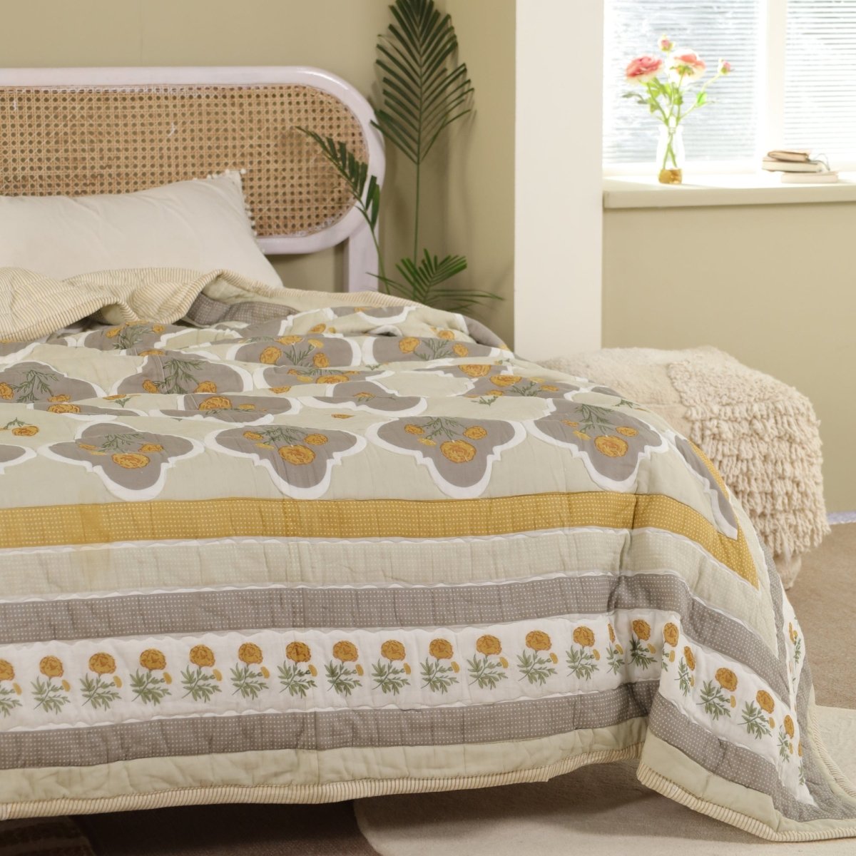 AC Comforter in 100% Cotton Mulmul Handprinted in Ivory and Taupe Marigold Flowers| Lightweight Soft and Breathable AC Blanket