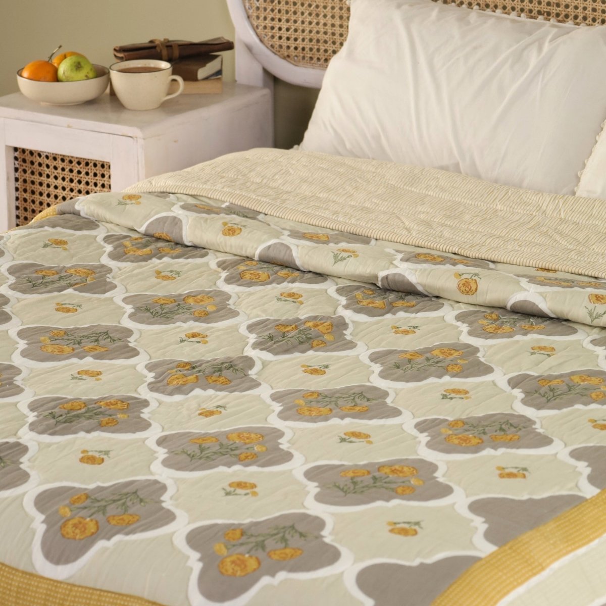 AC Comforter in 100% Cotton Mulmul Handprinted in Ivory and Taupe Marigold Flowers| Lightweight Soft and Breathable AC Blanket