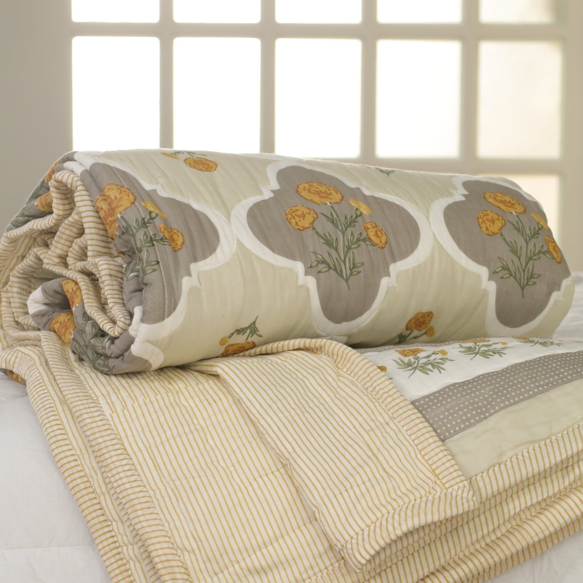 AC Comforter in 100% Cotton Mulmul Handprinted in Ivory and Taupe Marigold Flowers| Lightweight Soft and Breathable AC Blanket