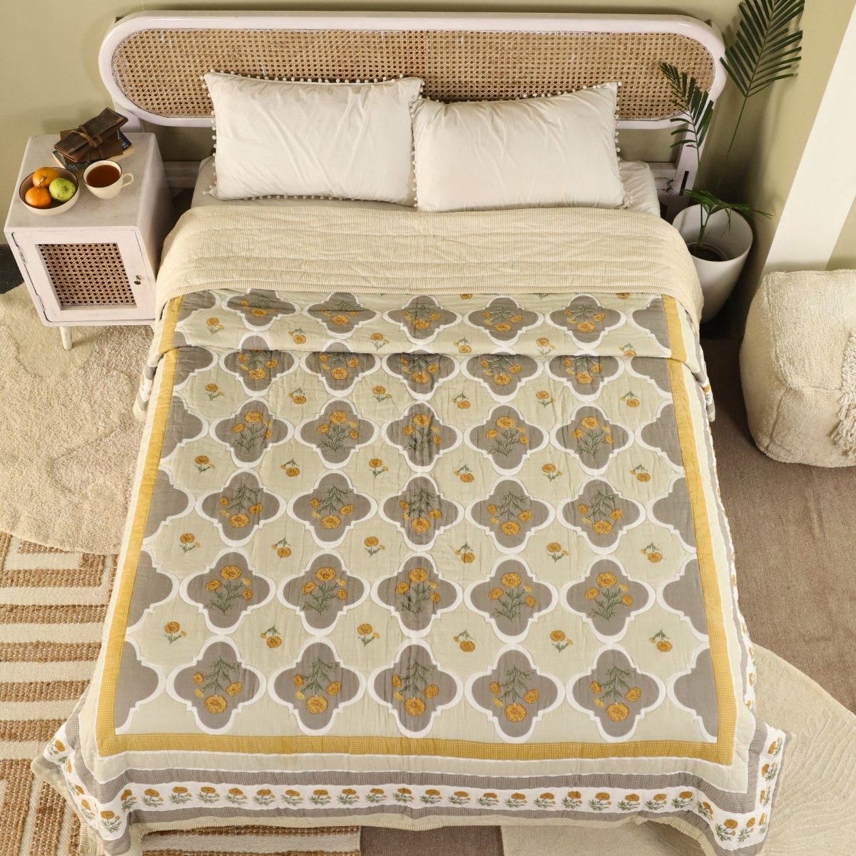 AC Comforter in 100% Cotton Mulmul Handprinted in Ivory and Taupe Marigold Flowers| Lightweight Soft and Breathable AC Blanket