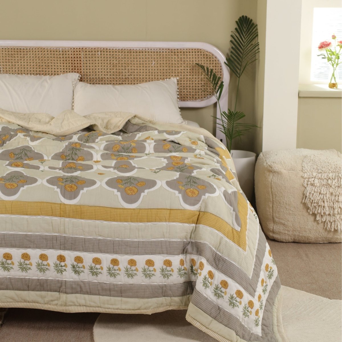 AC Comforter in 100% Cotton Mulmul Handprinted in Ivory and Taupe Marigold Flowers| Lightweight Soft and Breathable AC Blanket