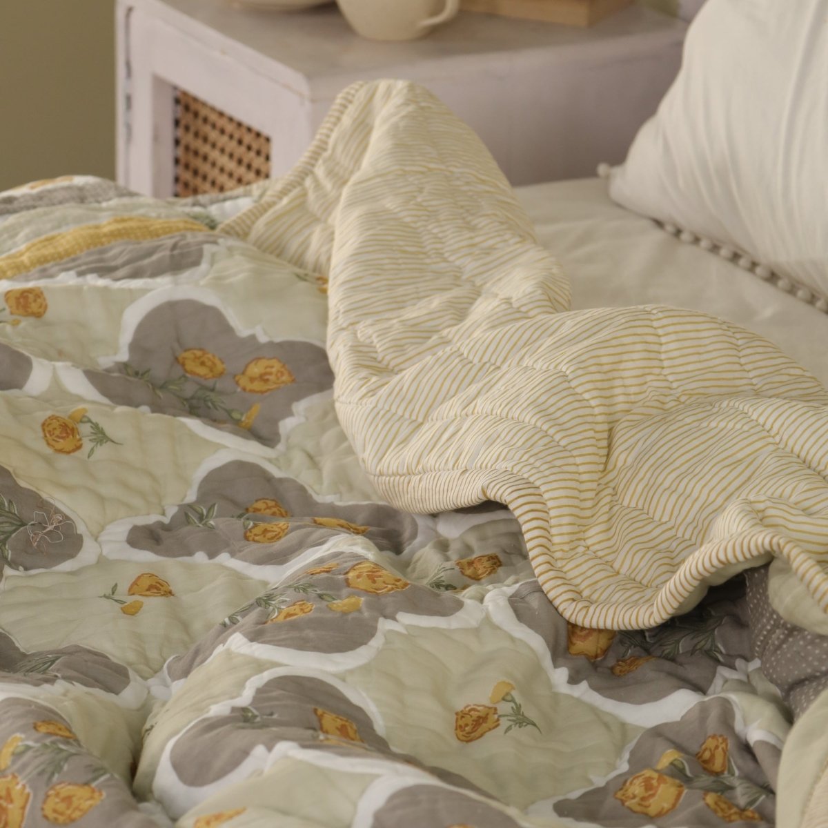 AC Comforter in 100% Cotton Mulmul Handprinted in Ivory and Taupe Marigold Flowers| Lightweight Soft and Breathable AC Blanket