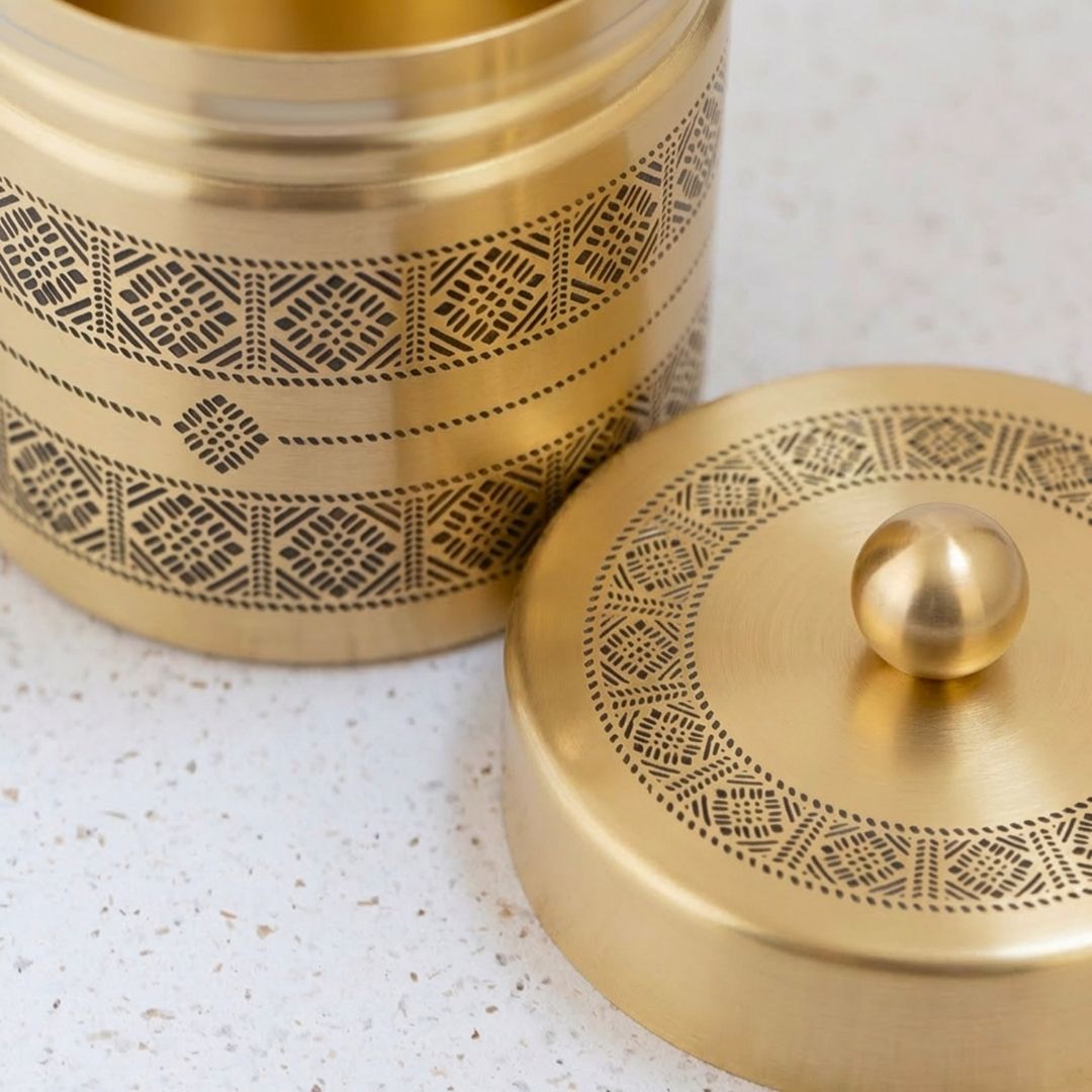 Kitchen Jar for Tea, Sugar or other storage made with Pure Brass in a Kanjeevaram design theme| Set of 2