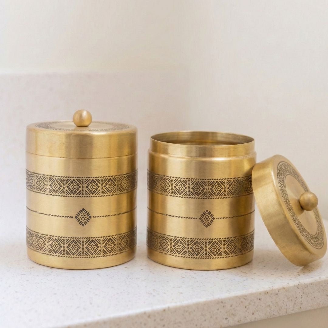 Kitchen Jar for Tea, Sugar or other storage made with Pure Brass in a Kanjeevaram design theme| Set of 2