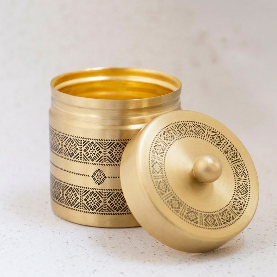 Kanjeevaram design theme Handcrafted pure brass storage jar with traditional etching, ideal for kitchen storage, adding timeless Indian elegance.