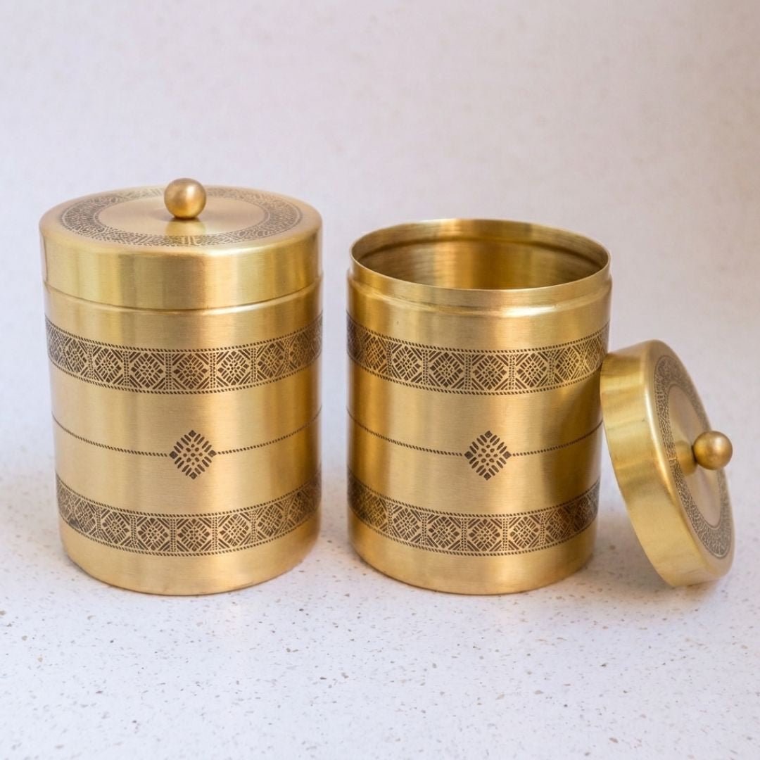 Kanjeevaram design theme Handcrafted pure brass storage jar with traditional etching, ideal for kitchen storage, adding timeless Indian elegance.