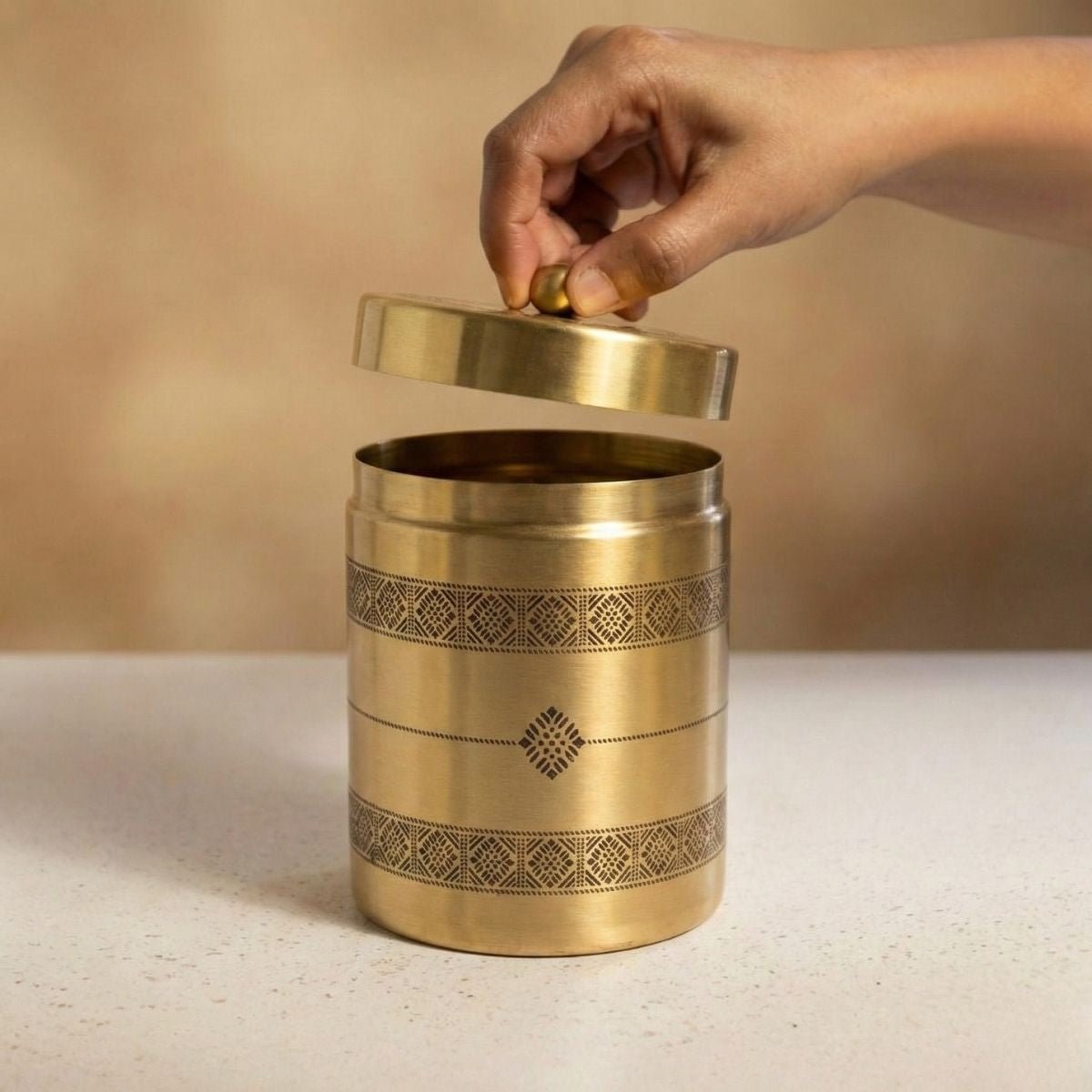 Kitchen Jar for Tea, Sugar or other storage made with Pure Brass in a Kanjeevaram design theme