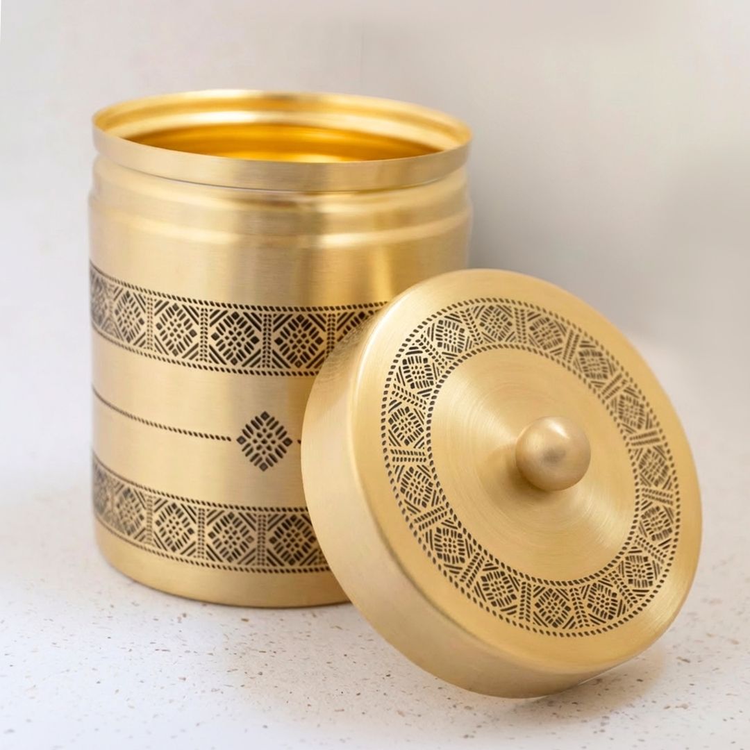 Kitchen Jar for Tea, Sugar or other storage made with Pure Brass in a Kanjeevaram design theme