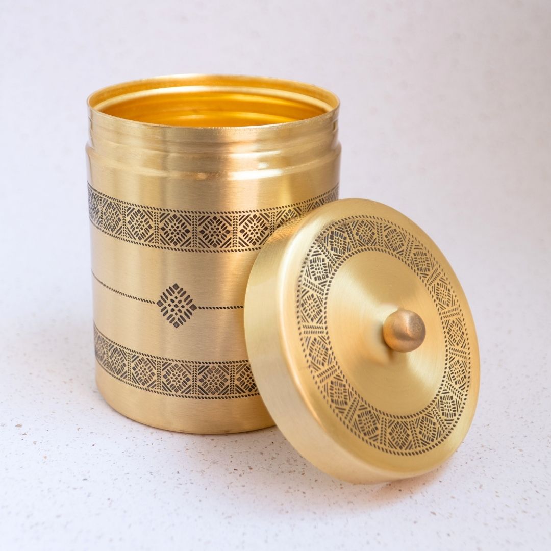 Kitchen Jar for Tea, Sugar or other storage made with Pure Brass in a Kanjeevaram design theme