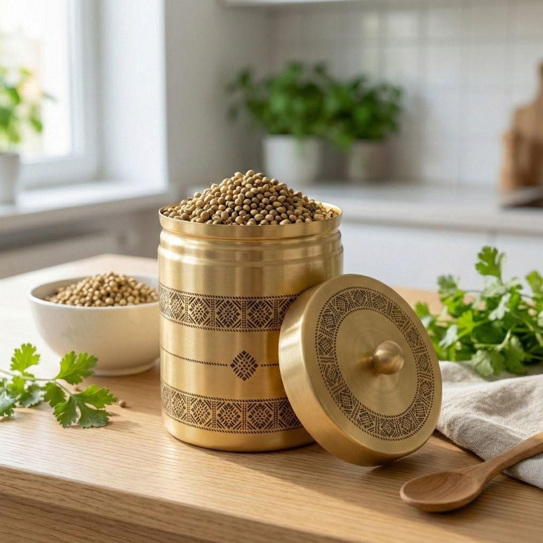 Kitchen Jar for Tea, Sugar or other storage made with Pure Brass in a Kanjeevaram design theme