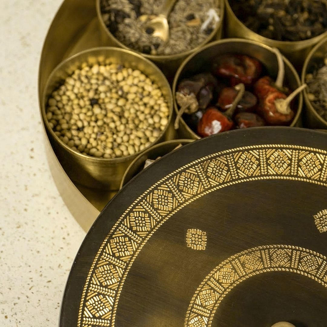 Kitchen masala box or spice box made with Pure Brass in an Antique Kanjeevaram Design Theme.