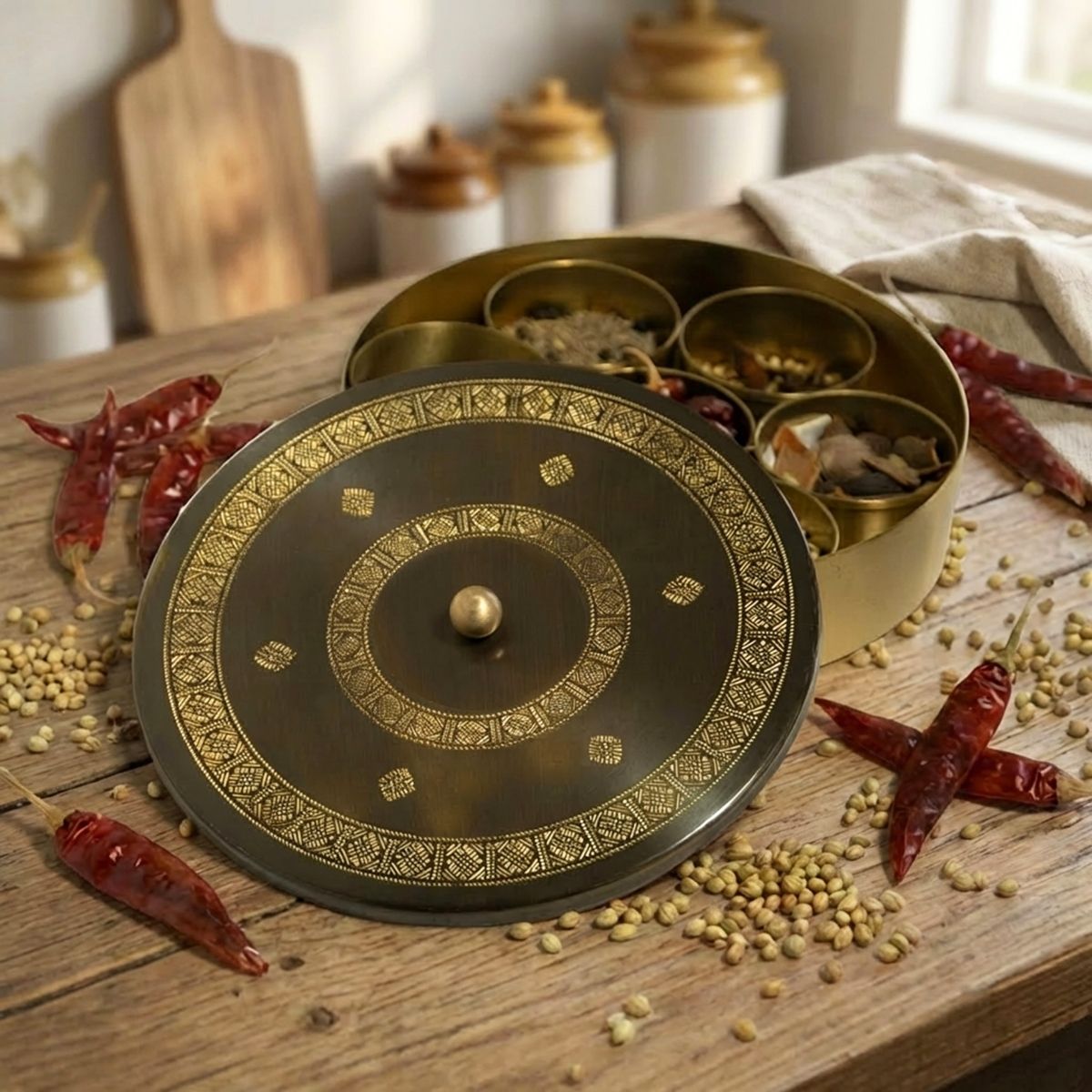 Kitchen masala box or spice box made with Pure Brass in an Antique Kanjeevaram Design. The masala box comes with 7 detachable containers and spoon
