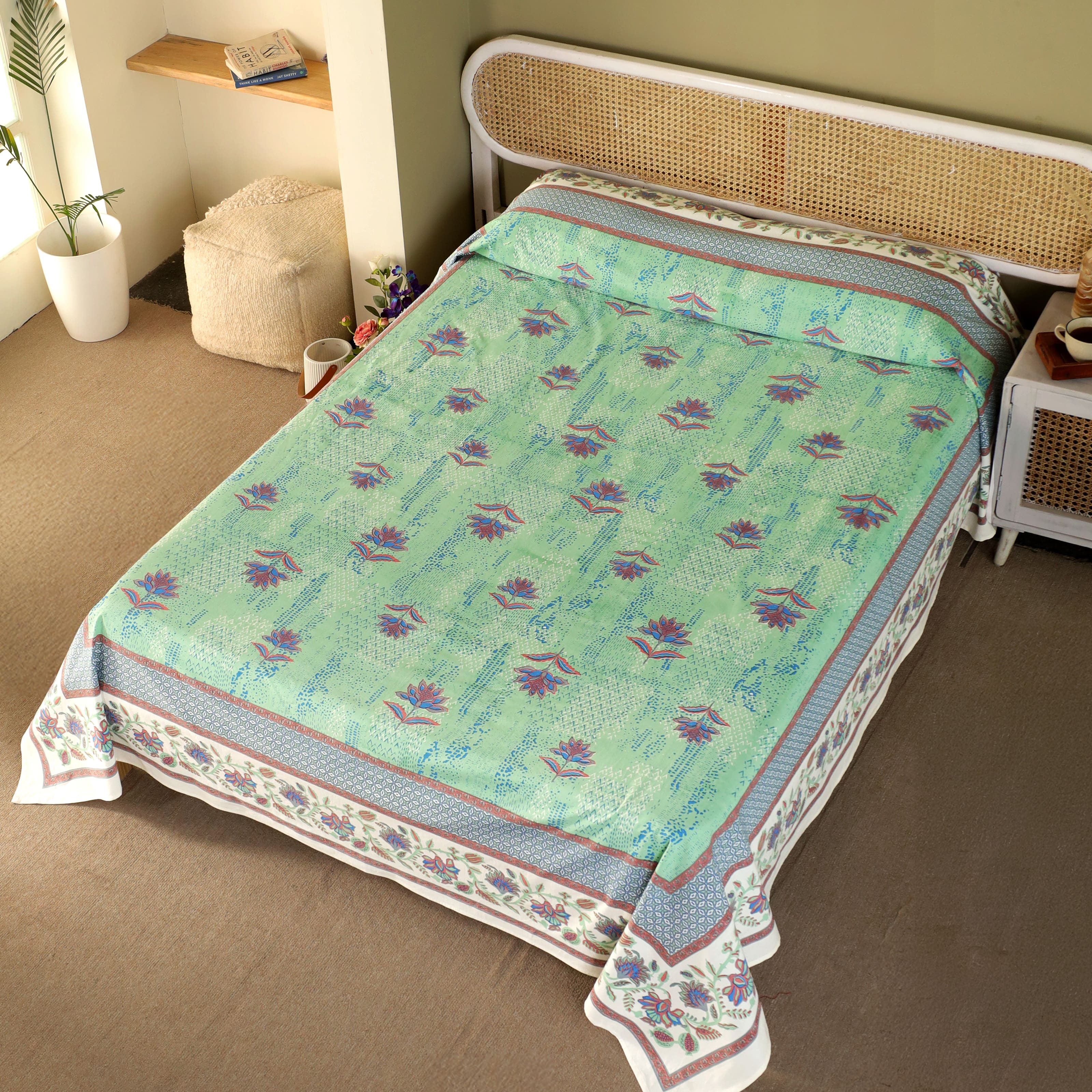 Queen Size Bed Cover of Pure Cotton Aqua Green Navy and Peach