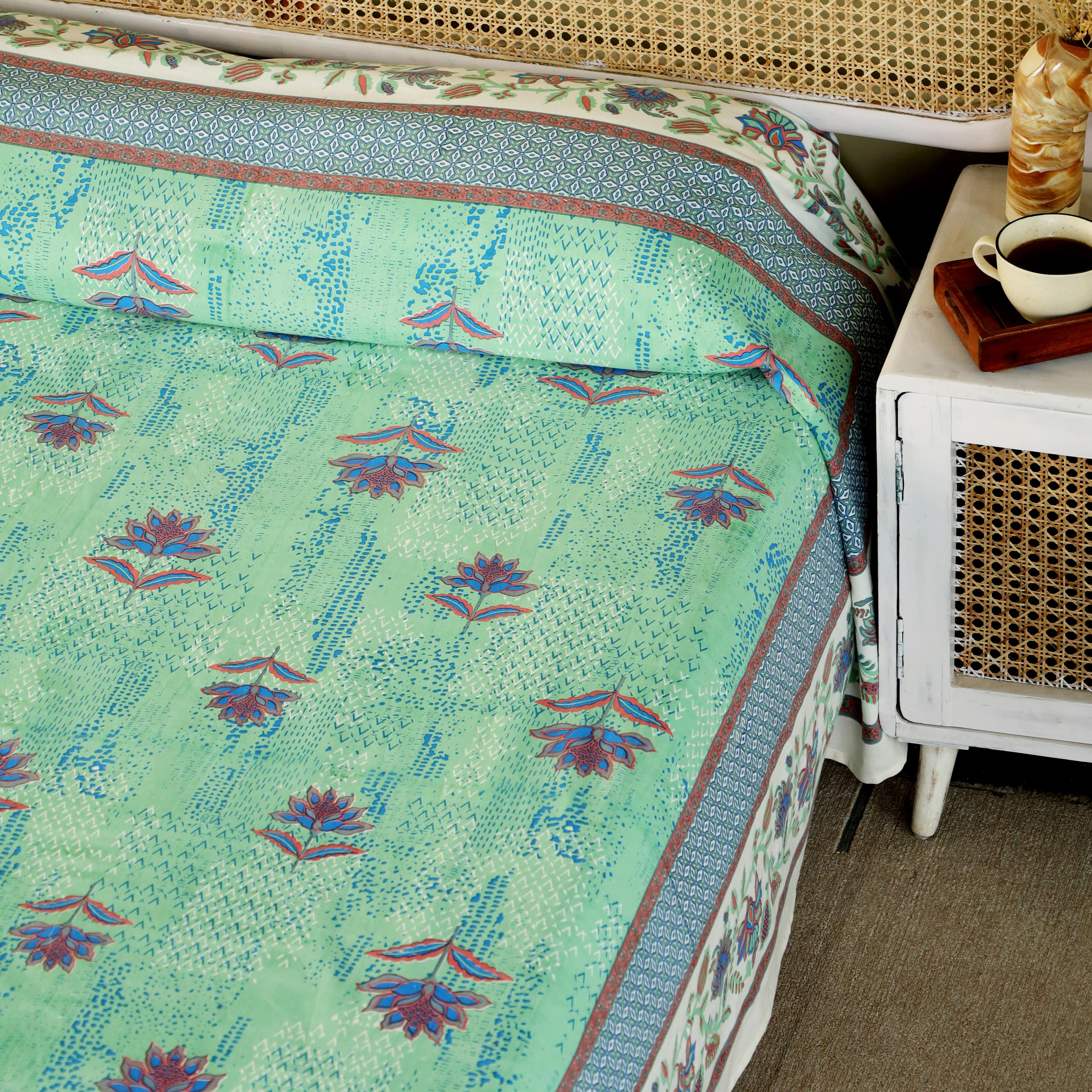 Queen Size Bed Cover of Pure Cotton Aqua Green Navy and Peach