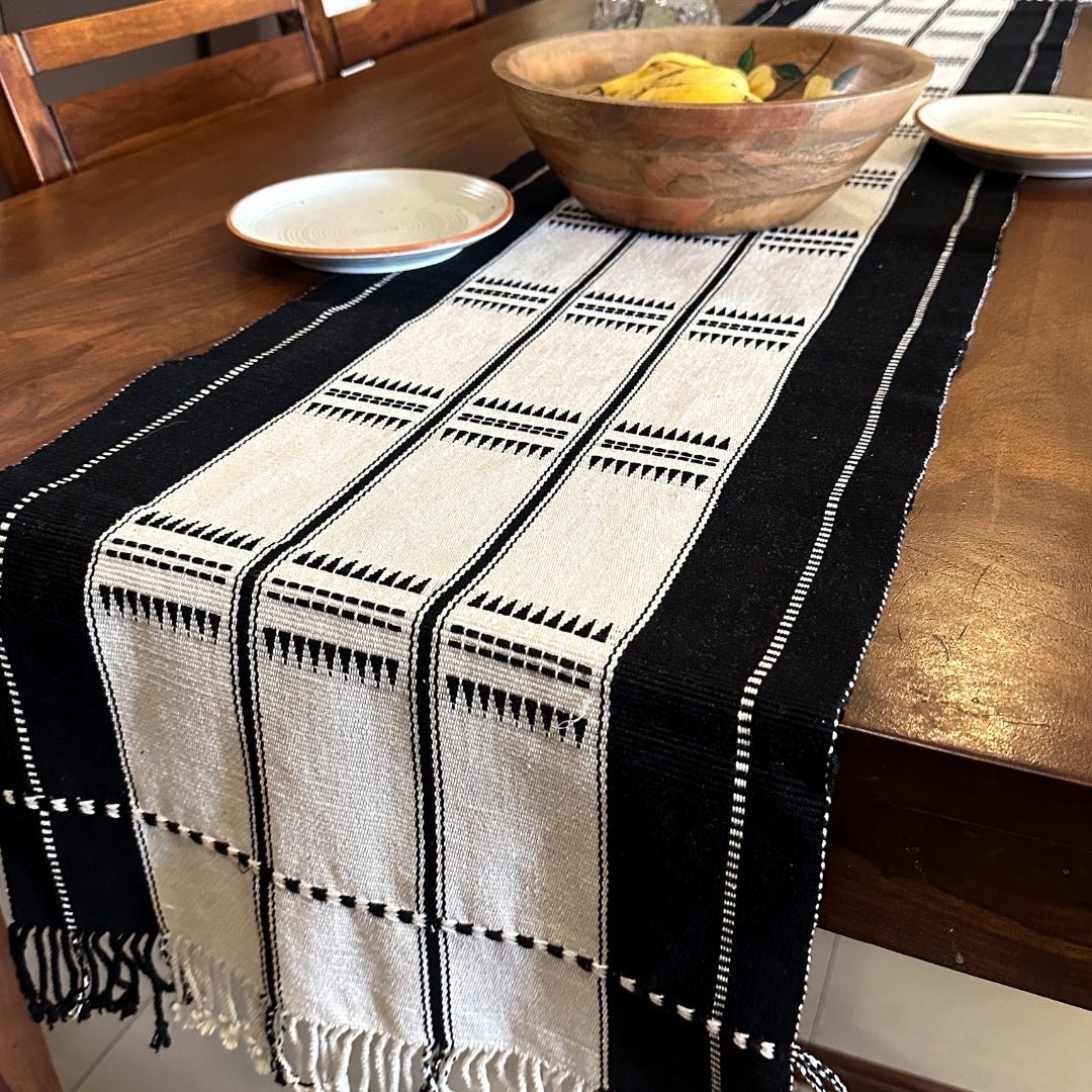 Monochrome Table Runner With Black And White Stripes Eco Friendly Sustainable Handwoven Tableware Handmade In India