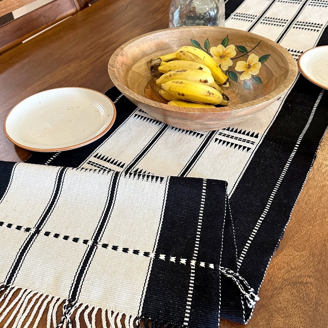 Monochrome Table Runner With Black And White Stripes Eco Friendly Sustainable Handwoven Tableware Handmade In India