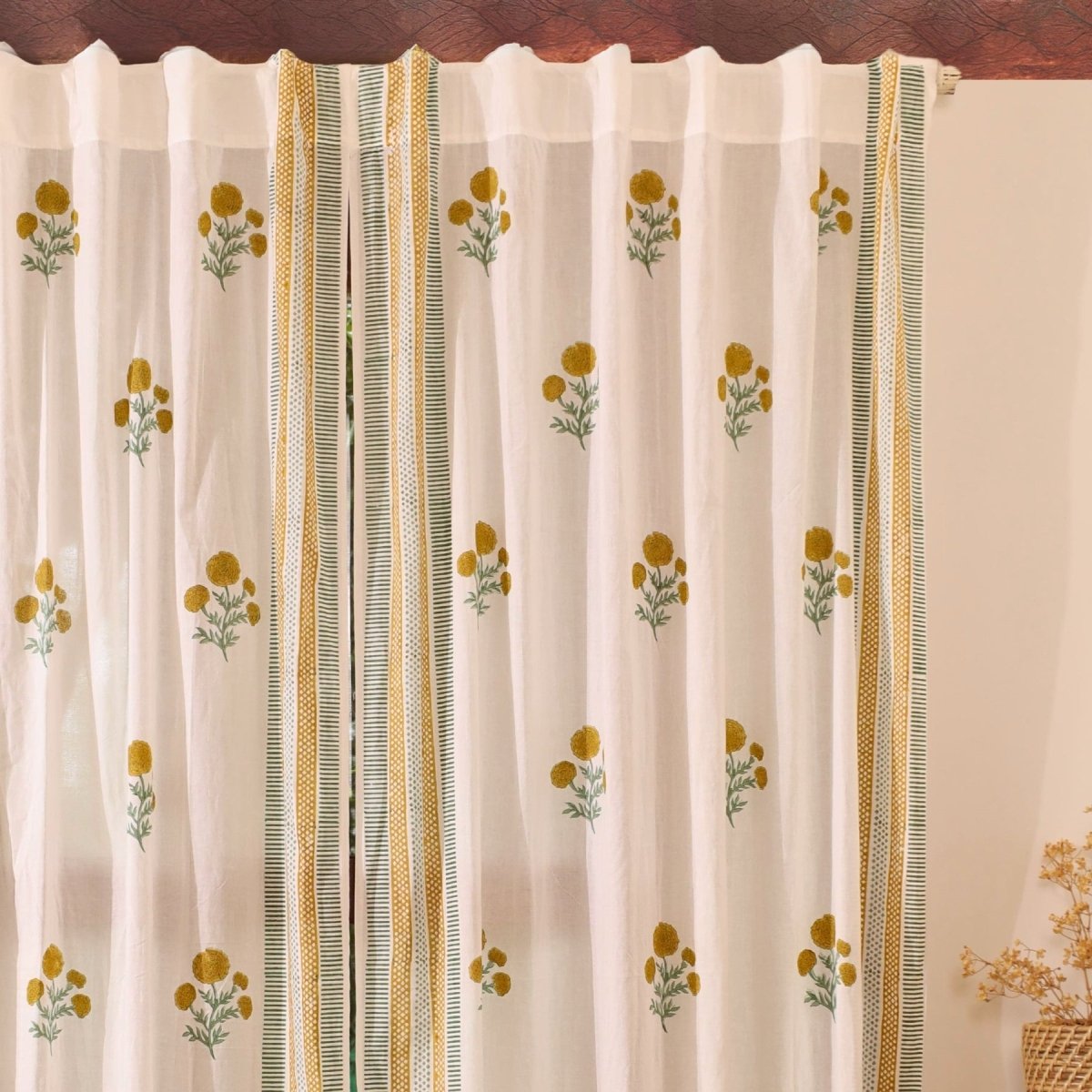 Pure Cotton Sheer Curtains in floral patterns in mustard and teal colours, available in 5ft and 7ft