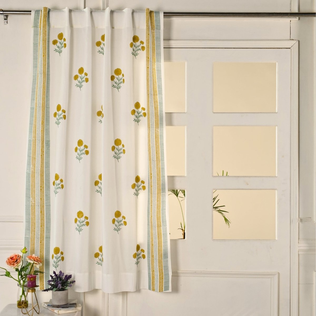 Pure Cotton Sheer Curtains in floral patterns in mustard and teal colours, available in 5ft and 7ft