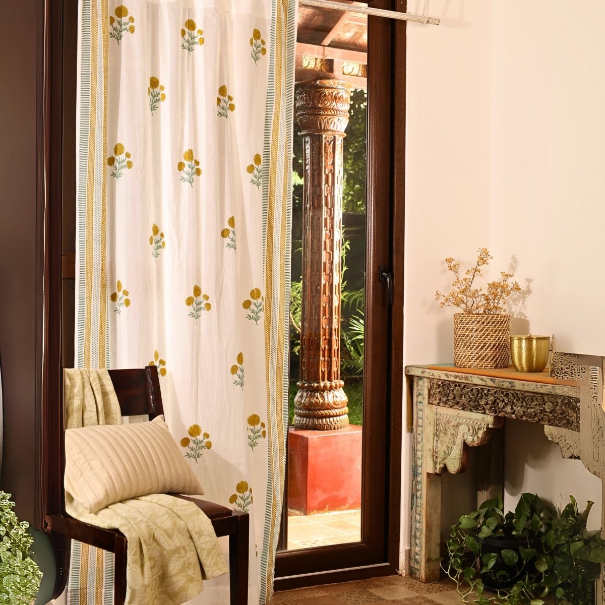 Pure Cotton Sheer Curtains in floral patterns in mustard and teal colours, available in 5ft and 7ft