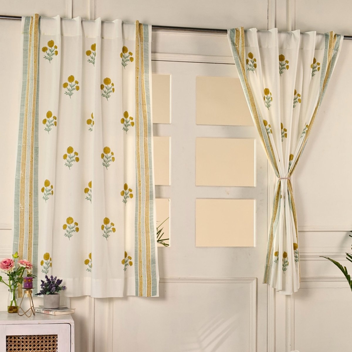 Pure Cotton Sheer Curtains in floral patterns in mustard and teal colours, available in 5ft and 7ft