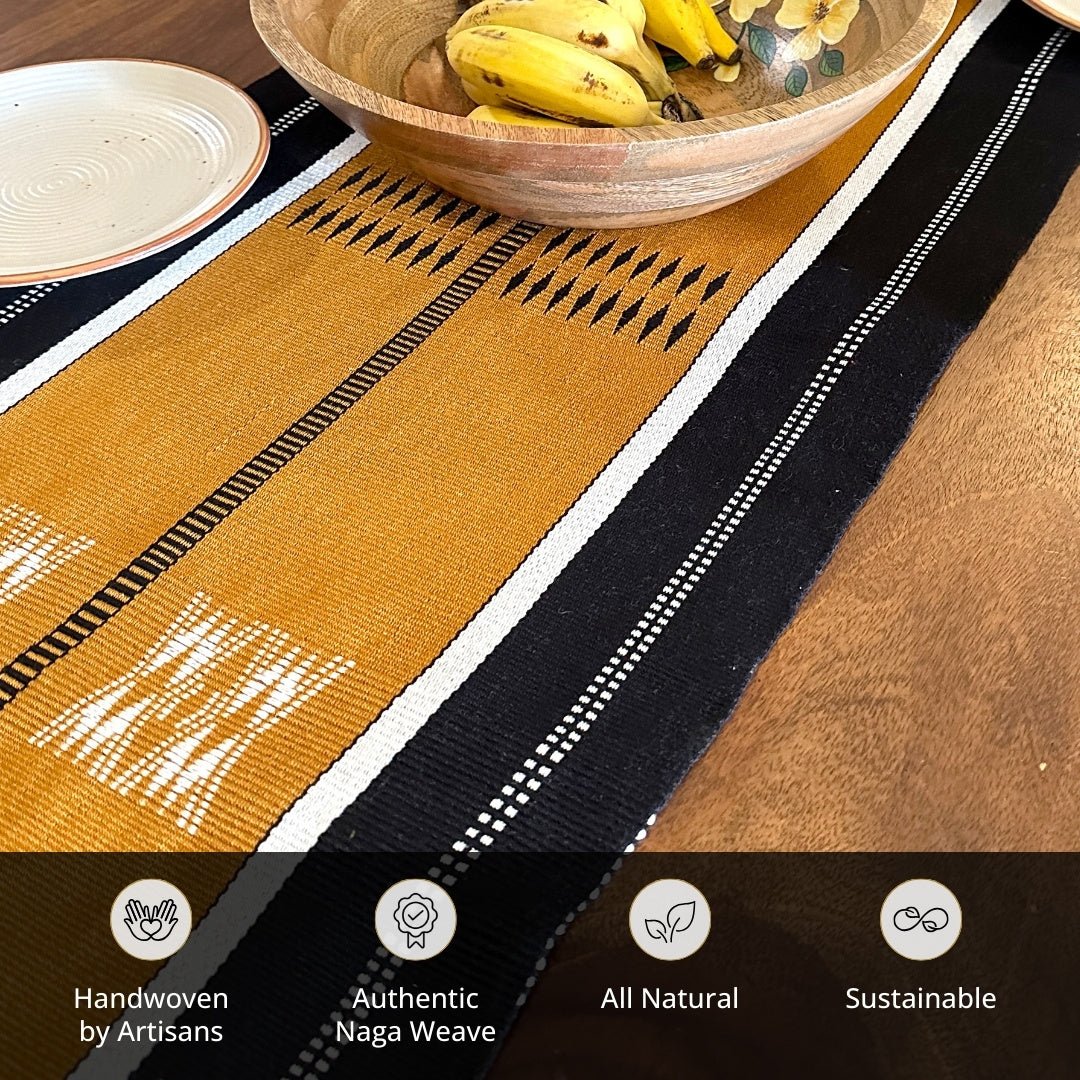 Handwoven Pure Cotton Dining Table Runner in Mustard and Black | 6 Seater