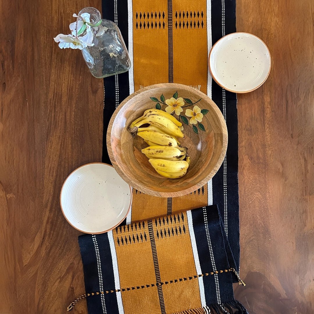 Handwoven Pure Cotton Dining Table Runner in Mustard and Black | 6 Seater