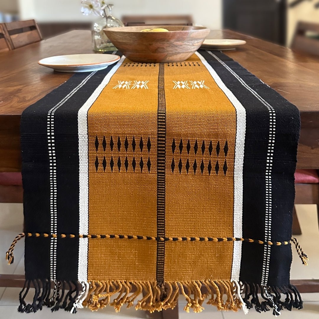 Handwoven Pure Cotton Dining Table Runner in Mustard and Black | 6 Seater