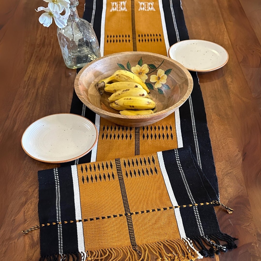 Handwoven Pure Cotton Dining Table Runner in Mustard and Black | 6 Seater