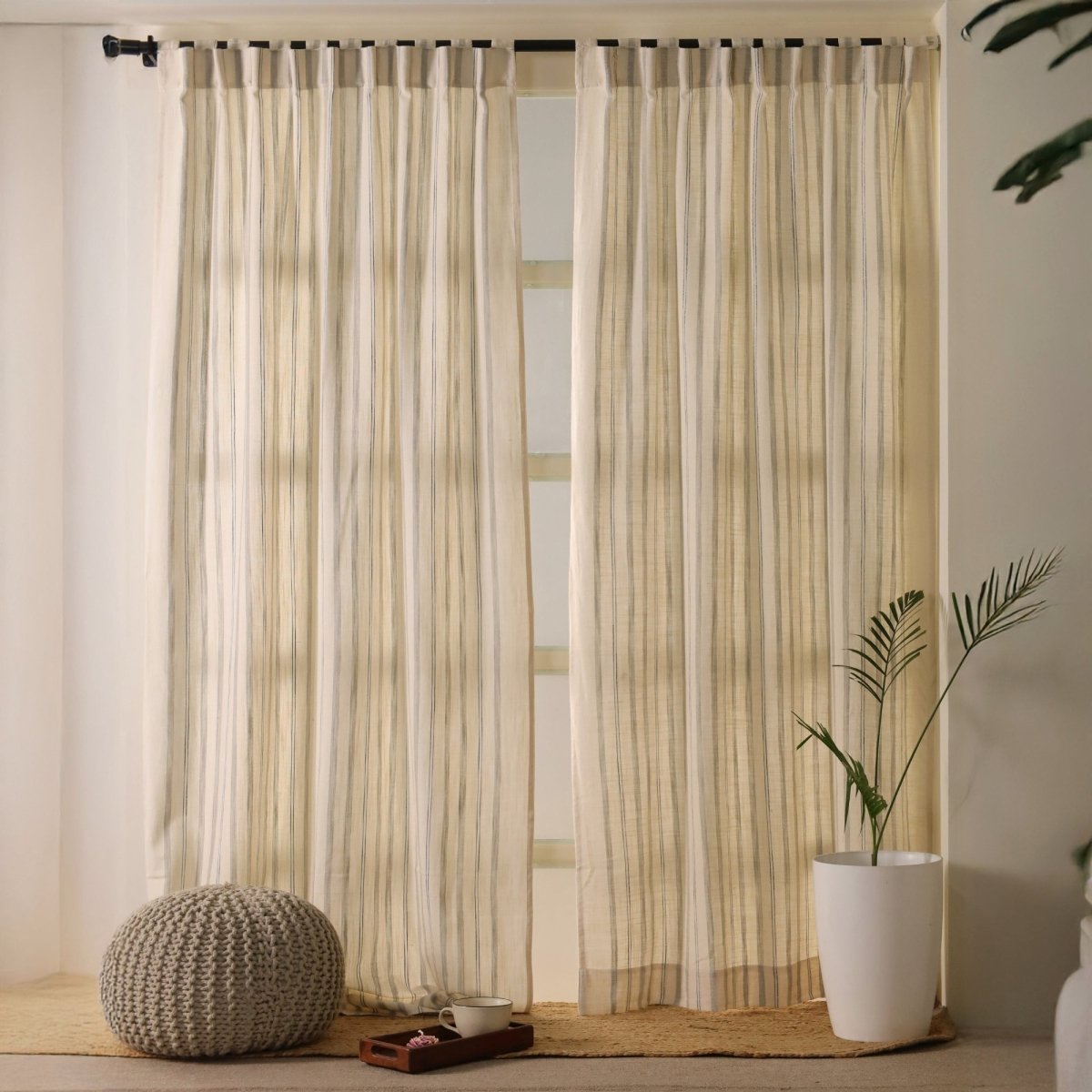 Pure Cotton Semi Blackout Curtains in Off white and Charcoal colour with 60% light blocking | Best curtains for living room