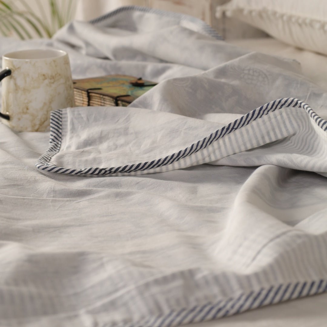 AC Dohar for Single Bed in 100% Cotton Mulmul Handprinted in Off White| Lightweight Soft and Breathable AC Blanket
