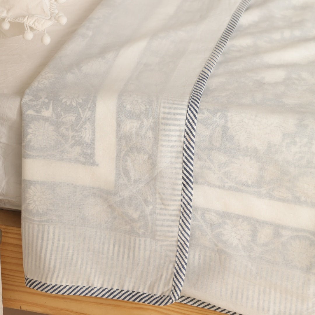 AC Dohar for Single Bed in 100% Cotton Mulmul Handprinted in Off White| Lightweight Soft and Breathable AC Blanket
