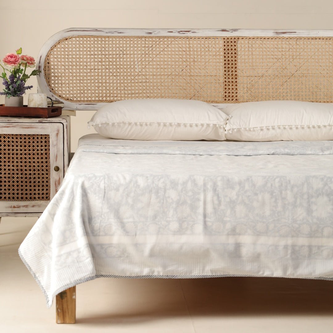 AC Dohar for Single Bed in 100% Cotton Mulmul Handprinted in Off White| Lightweight Soft and Breathable AC Blanket